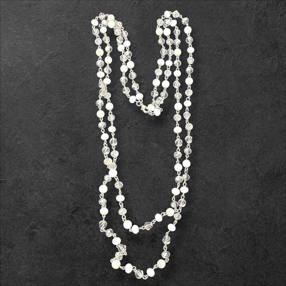 White & Silver Two Strand Crystal & Glass Cat Eye Bead Station‎ Necklace 30"